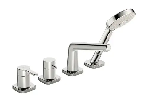 Einhebelmischer mit separatem Brauseanschluss, aus poliertem Metall. Markenlogo von HANSA sichtbar. Drei Elemente sind in der Montageanordnung zu sehen.